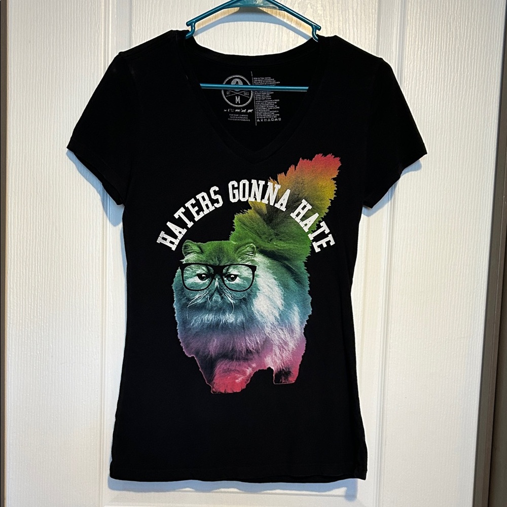 Black shirt with rainbow cat “haters gonna hate” shirt